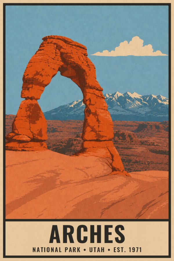 Arches National Park Poster — vintage flat-ink style travel print of Arches, Utah