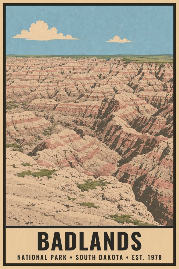 Badlands National Park Poster — vintage flat-ink style travel print of Badlands, South Dakota