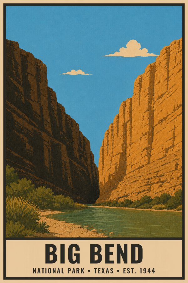 Big Bend National Park Poster — vintage flat-ink style travel print of Big Bend, Texas