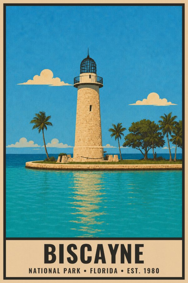 Biscayne National Park Poster — vintage flat-ink style travel print of Biscayne, Florida