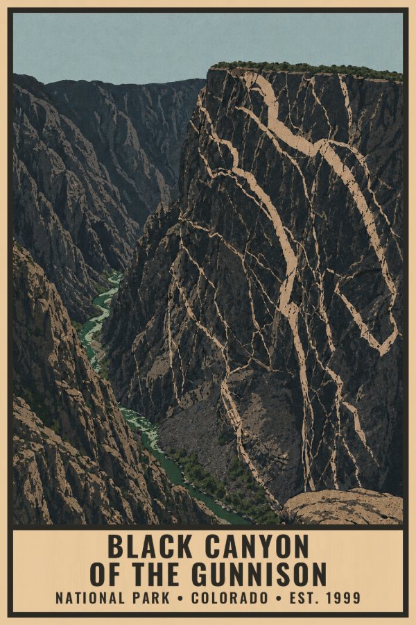 Black Canyon of the Gunnison National Park Poster — vintage flat-ink style travel print of Black Canyon of the Gunnison, Colorado