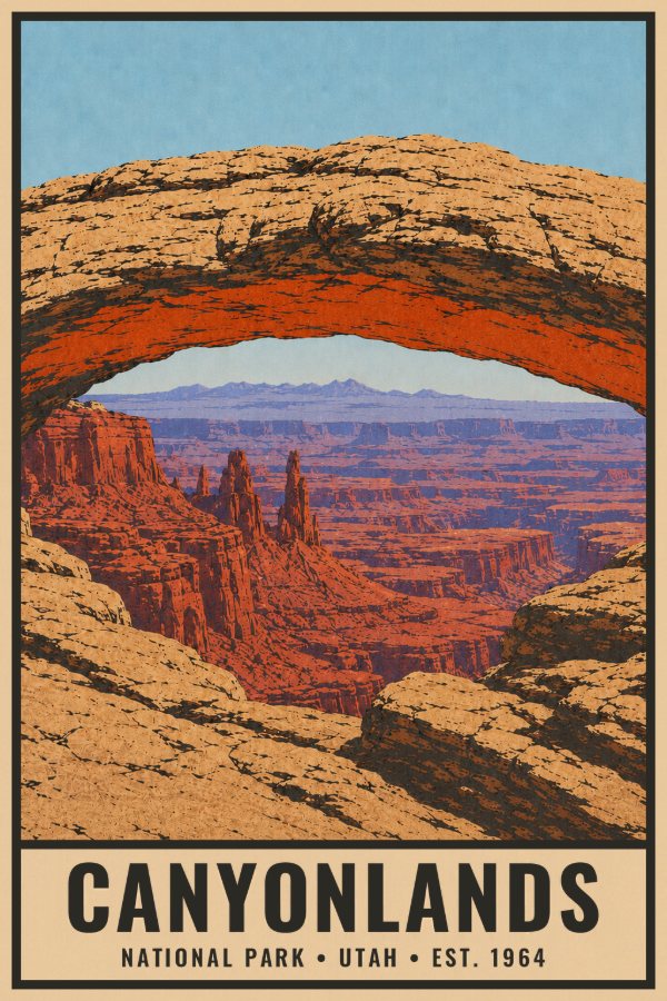 Canyonlands National Park Poster — vintage flat-ink style travel print of Canyonlands, Utah