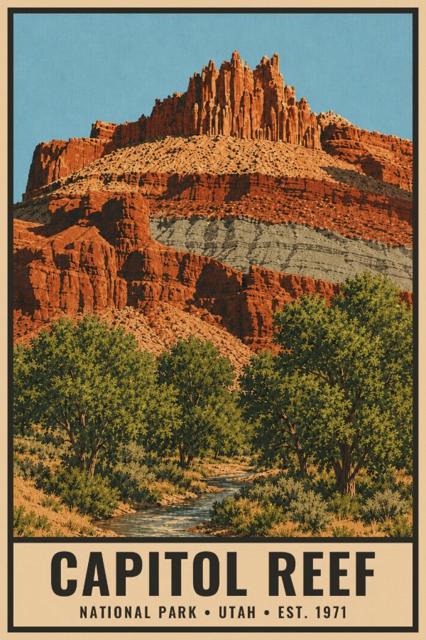 Capitol Reef National Park Poster — vintage flat-ink style travel print of Capitol Reef, Utah