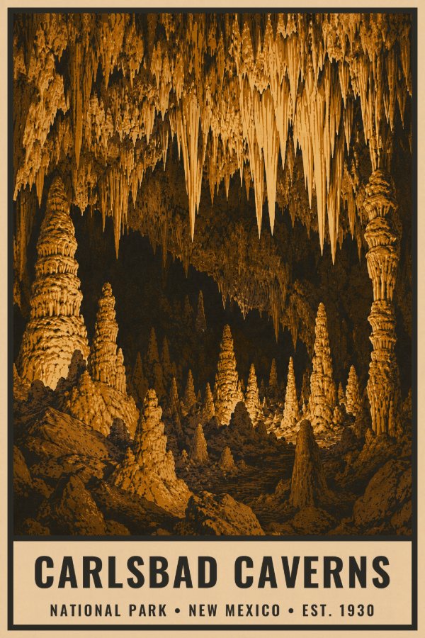 Carlsbad Caverns National Park Poster — vintage flat-ink style travel print of Carlsbad Caverns, New Mexico
