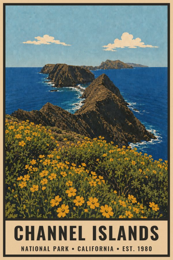 Channel Islands National Park Poster — vintage flat-ink style travel print of Channel Islands, California