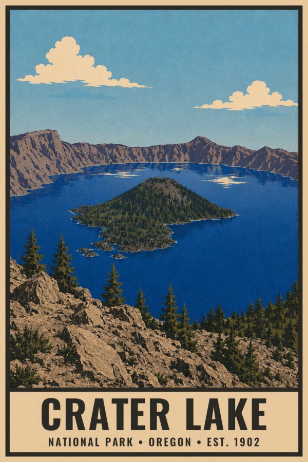 Crater Lake National Park Poster — vintage flat-ink style travel print of Crater Lake, Oregon