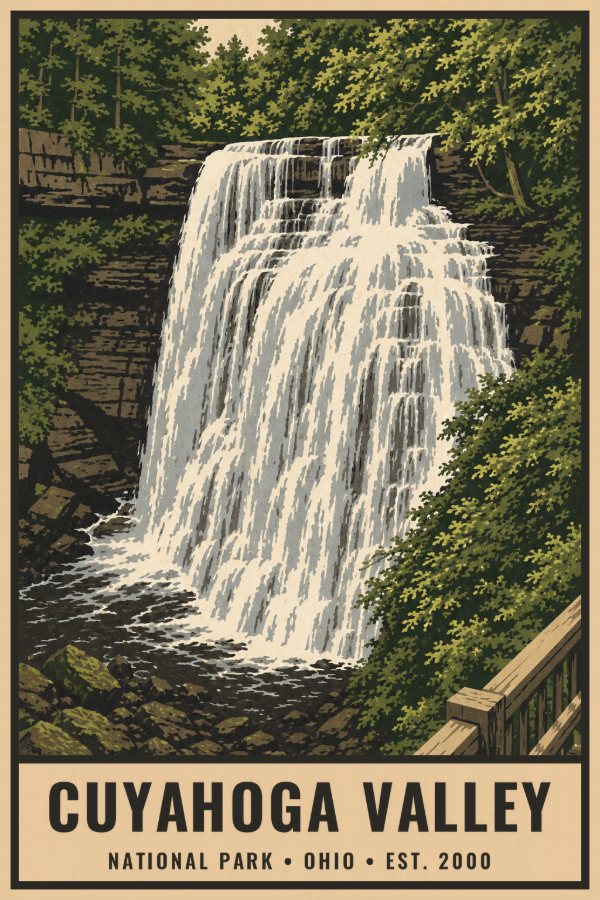 Cuyahoga Valley National Park Poster — vintage flat-ink style travel print of Cuyahoga Valley, Ohio