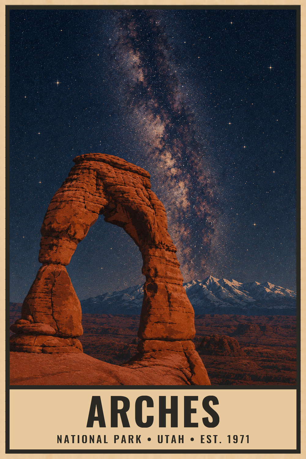 Dark Sky Arches National Park Poster — vintage flat-ink style print of Arches, Utah
