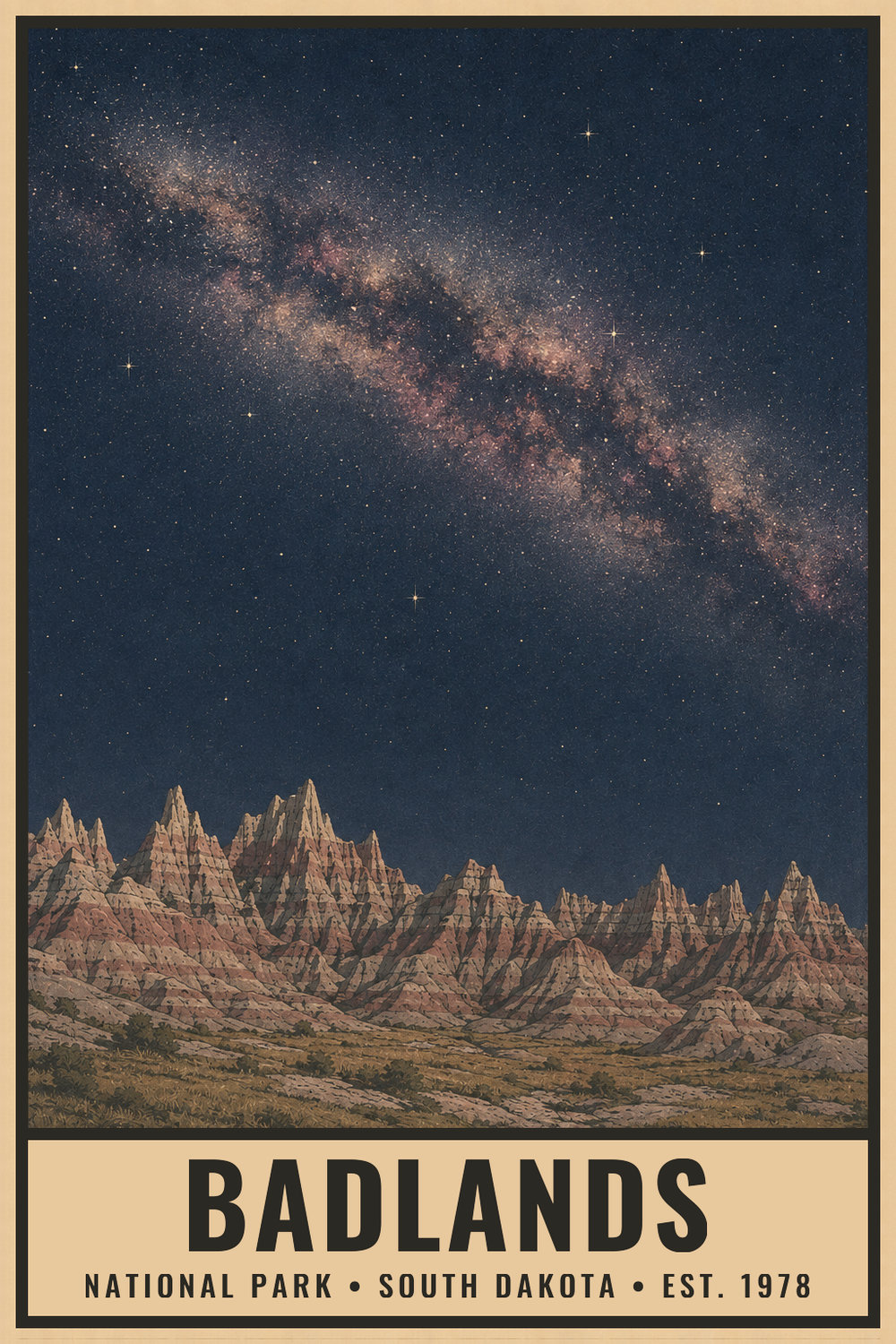 Dark Sky Badlands National Park Poster — vintage flat-ink style print of Badlands, South Dakota