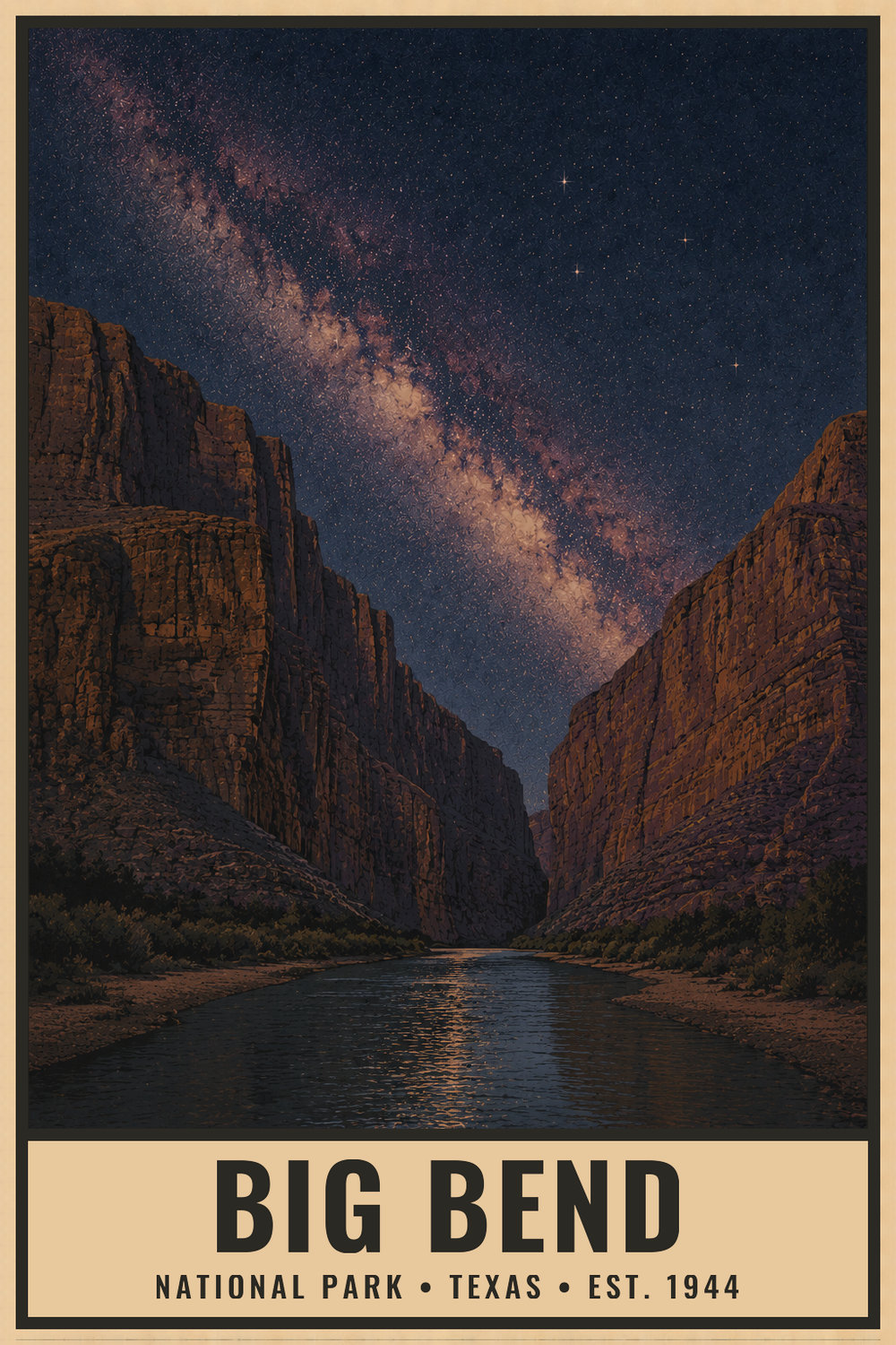 Dark Sky Big Bend National Park Poster — vintage flat-ink style print of Big Bend, Texas