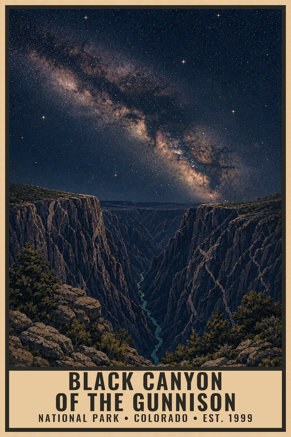 Dark Sky Black Canyon of the Gunnison National Park Poster — vintage flat-ink style print of Black Canyon of the Gunnison, Colorado