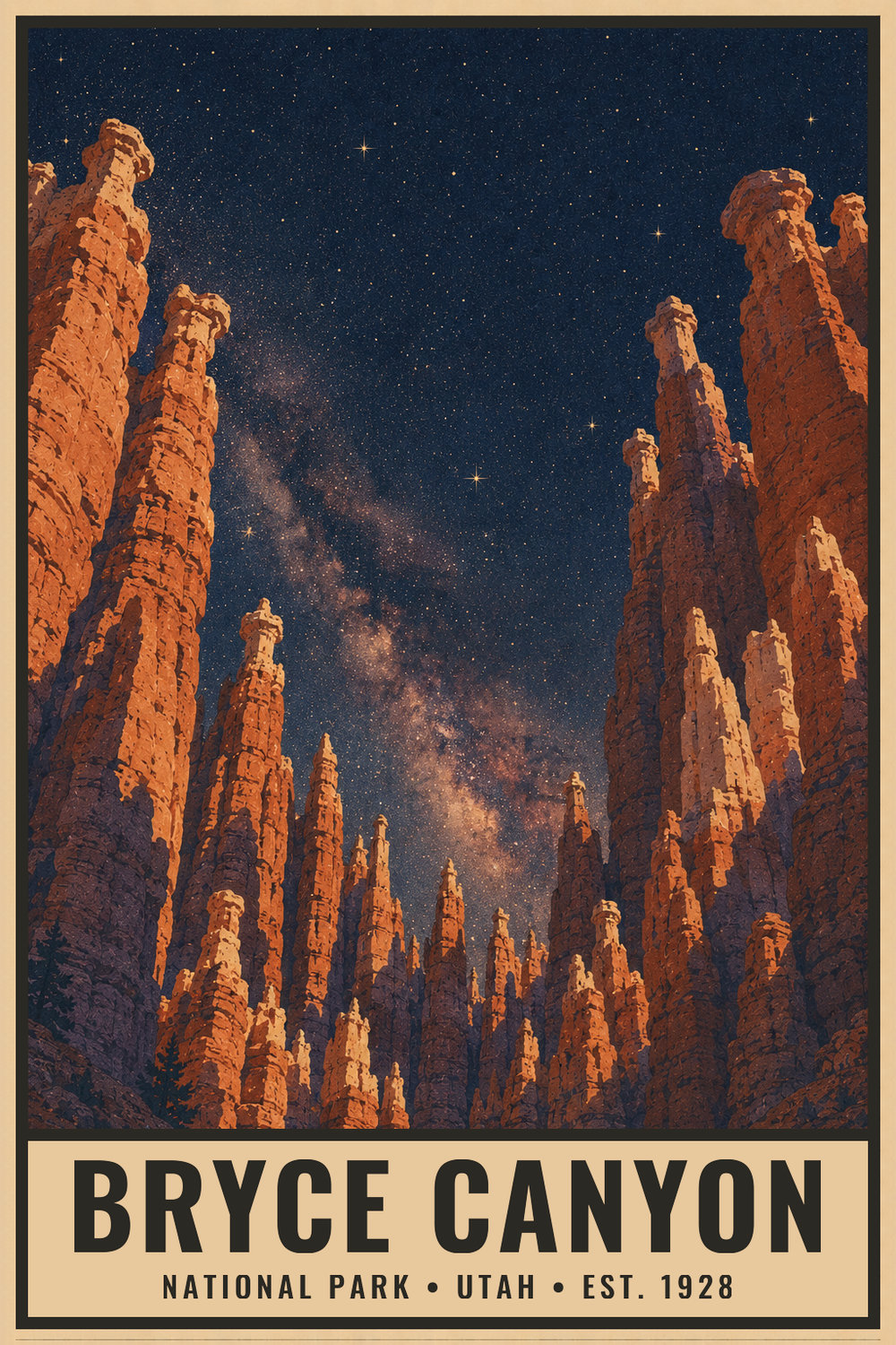 Dark Sky Bryce Canyon National Park Poster — vintage flat-ink style print of Bryce Canyon, Utah