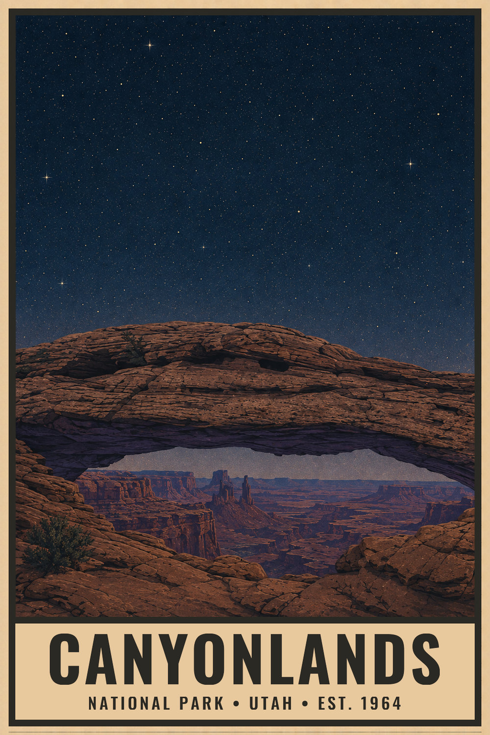 Dark Sky Canyonlands National Park Poster — vintage flat-ink style print of Canyonlands, Utah