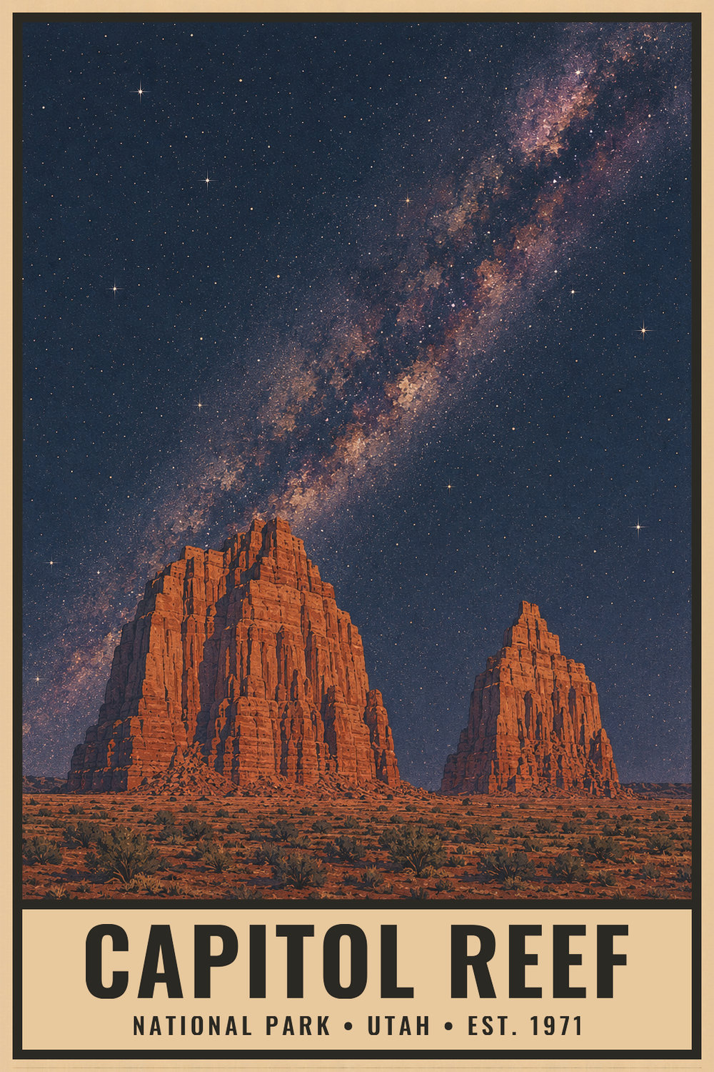 Dark Sky Capitol Reef National Park Poster — vintage flat-ink style print of Capitol Reef, Utah