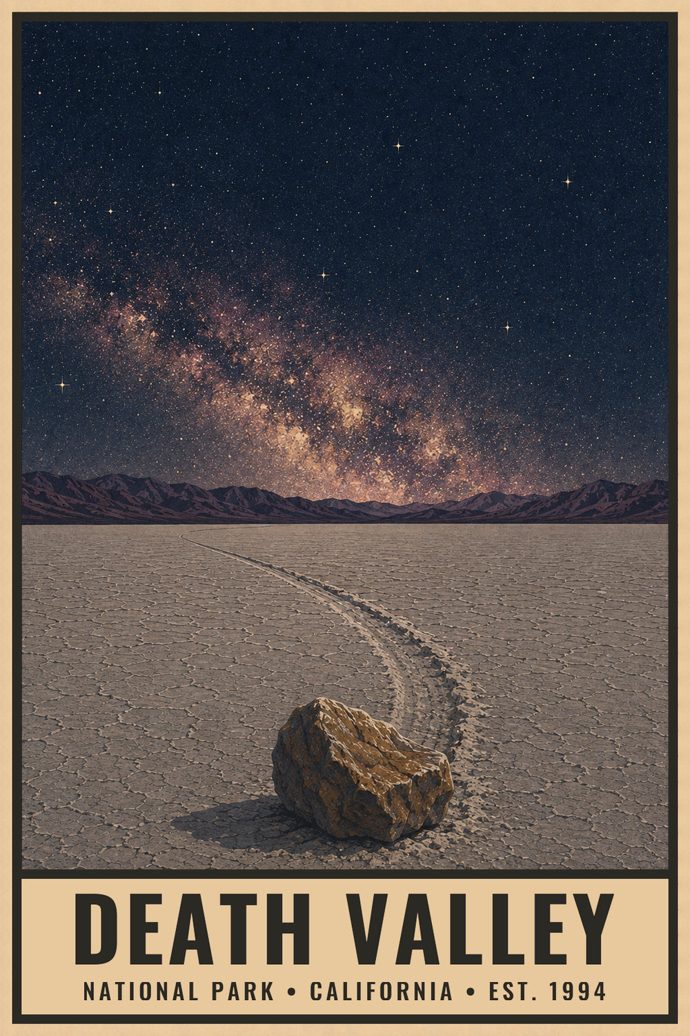 Dark Sky Death Valley National Park Poster — vintage flat-ink style print of Death Valley, Calif. & Nev.
