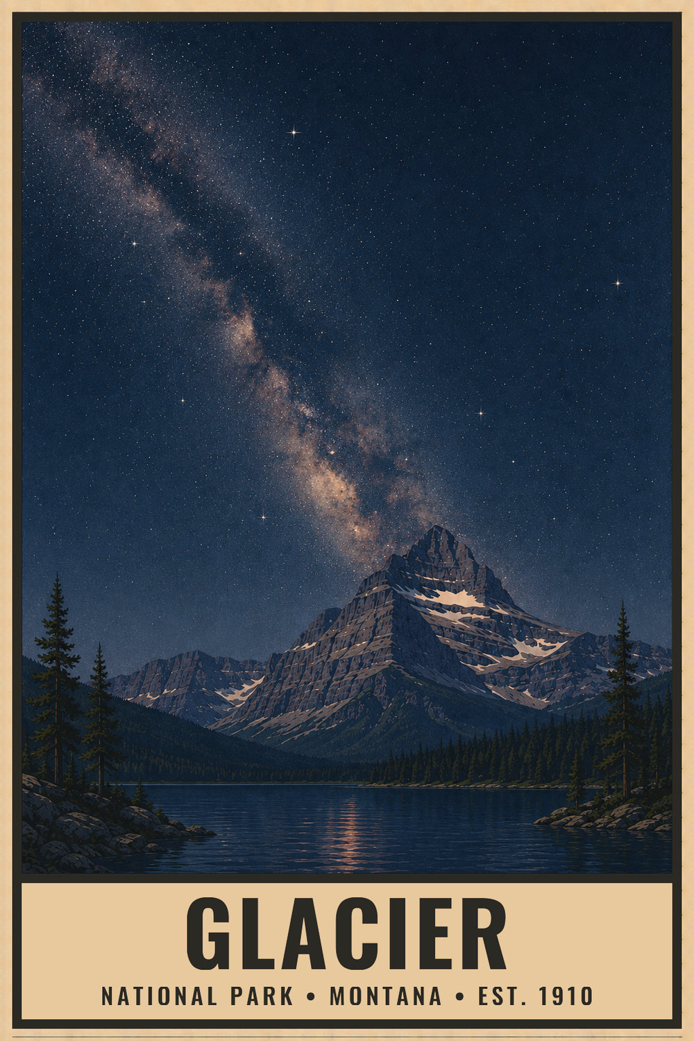 Dark Sky Glacier National Park Poster — vintage flat-ink style print of Glacier, Montana