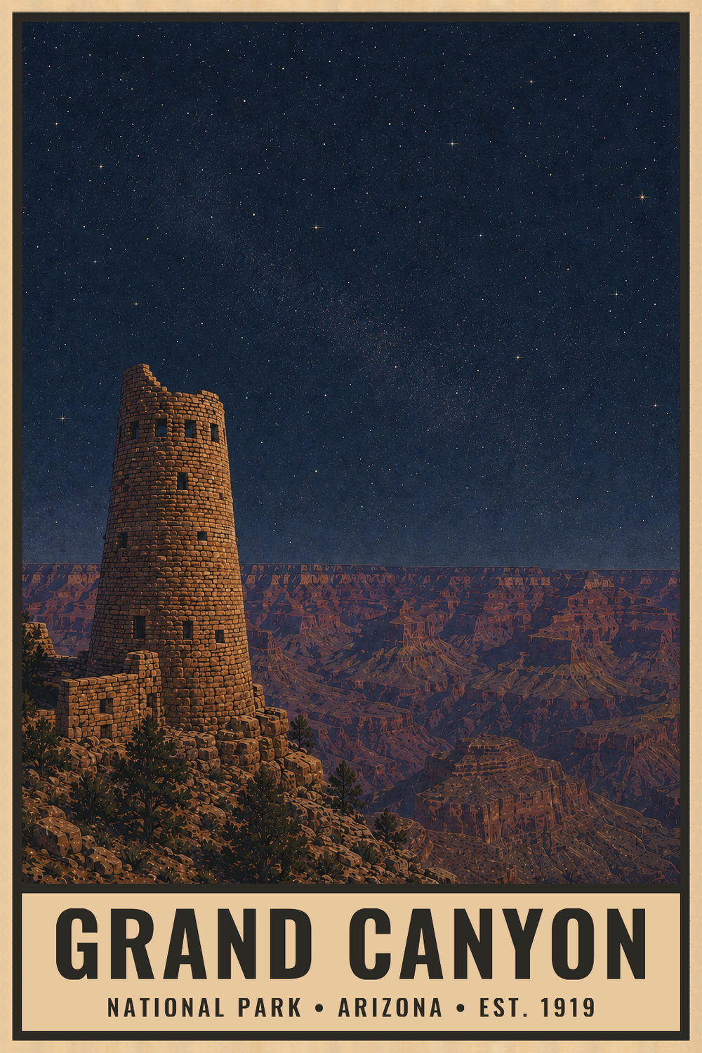 Dark Sky Grand Canyon National Park Poster — vintage flat-ink style print of Grand Canyon, Arizona