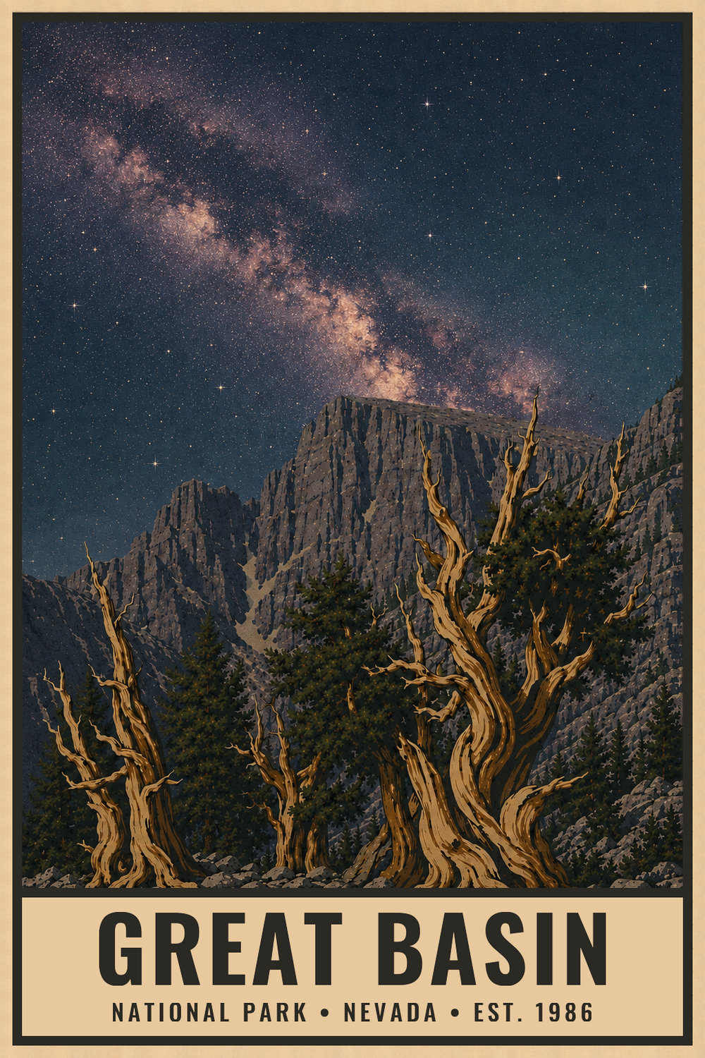 Dark Sky Great Basin National Park Poster — vintage flat-ink style print of Great Basin, Nevada