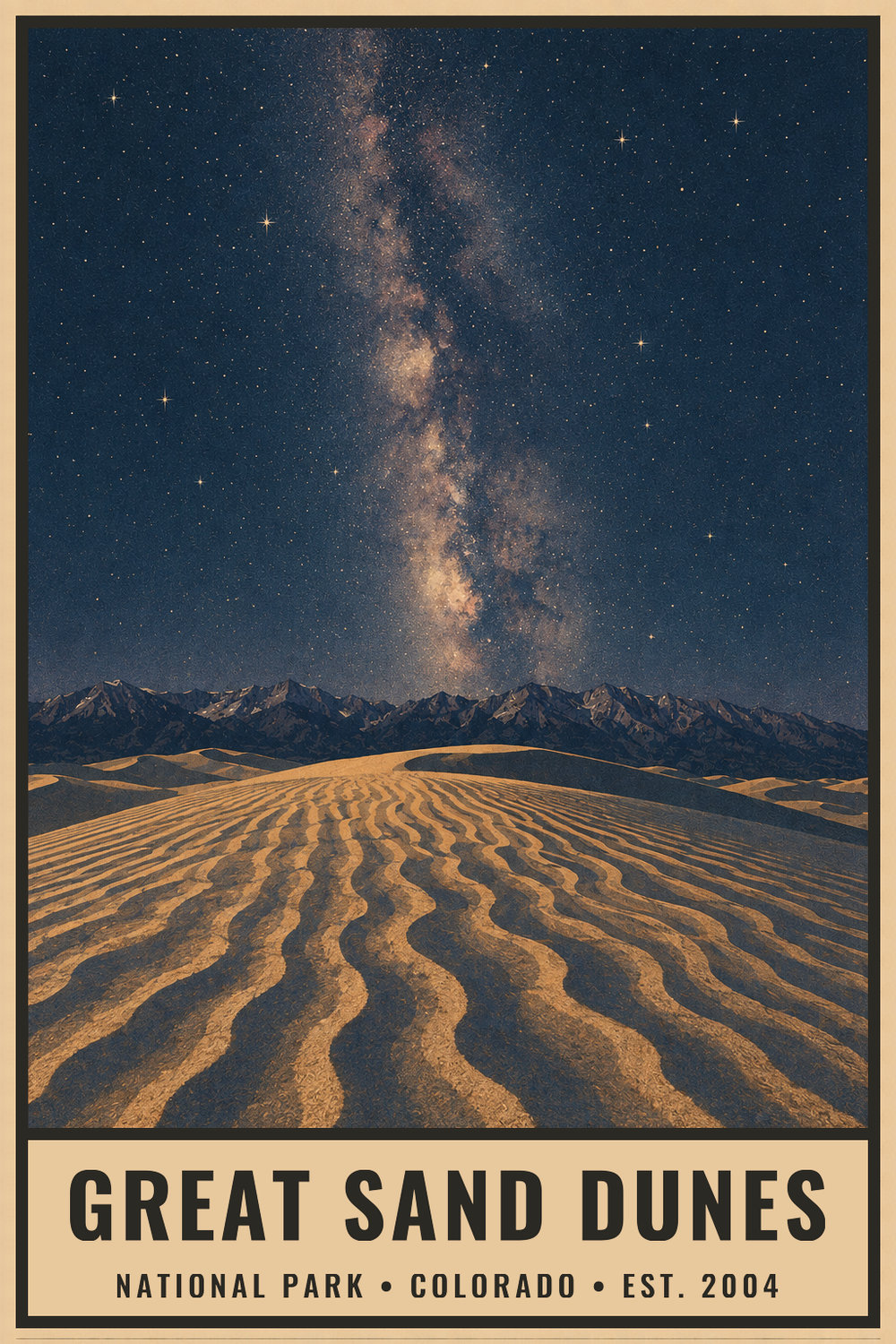 Dark Sky Great Sand Dunes National Park Poster — vintage flat-ink style print of Great Sand Dunes, Colorado