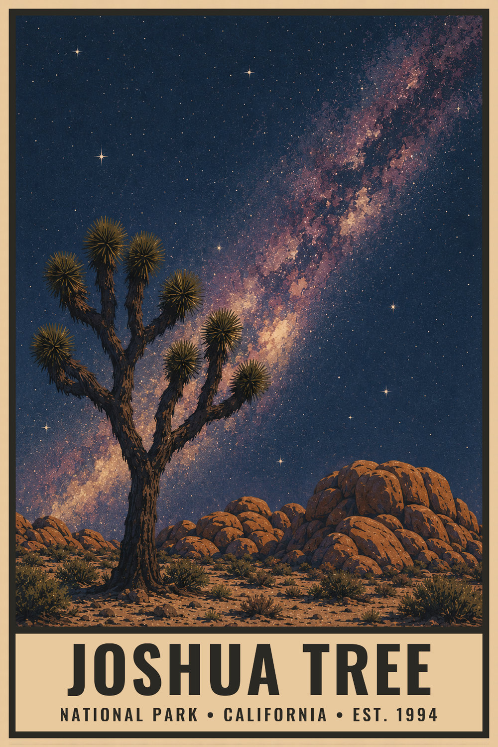 Dark Sky Joshua Tree National Park Poster — vintage flat-ink style print of Joshua Tree, California