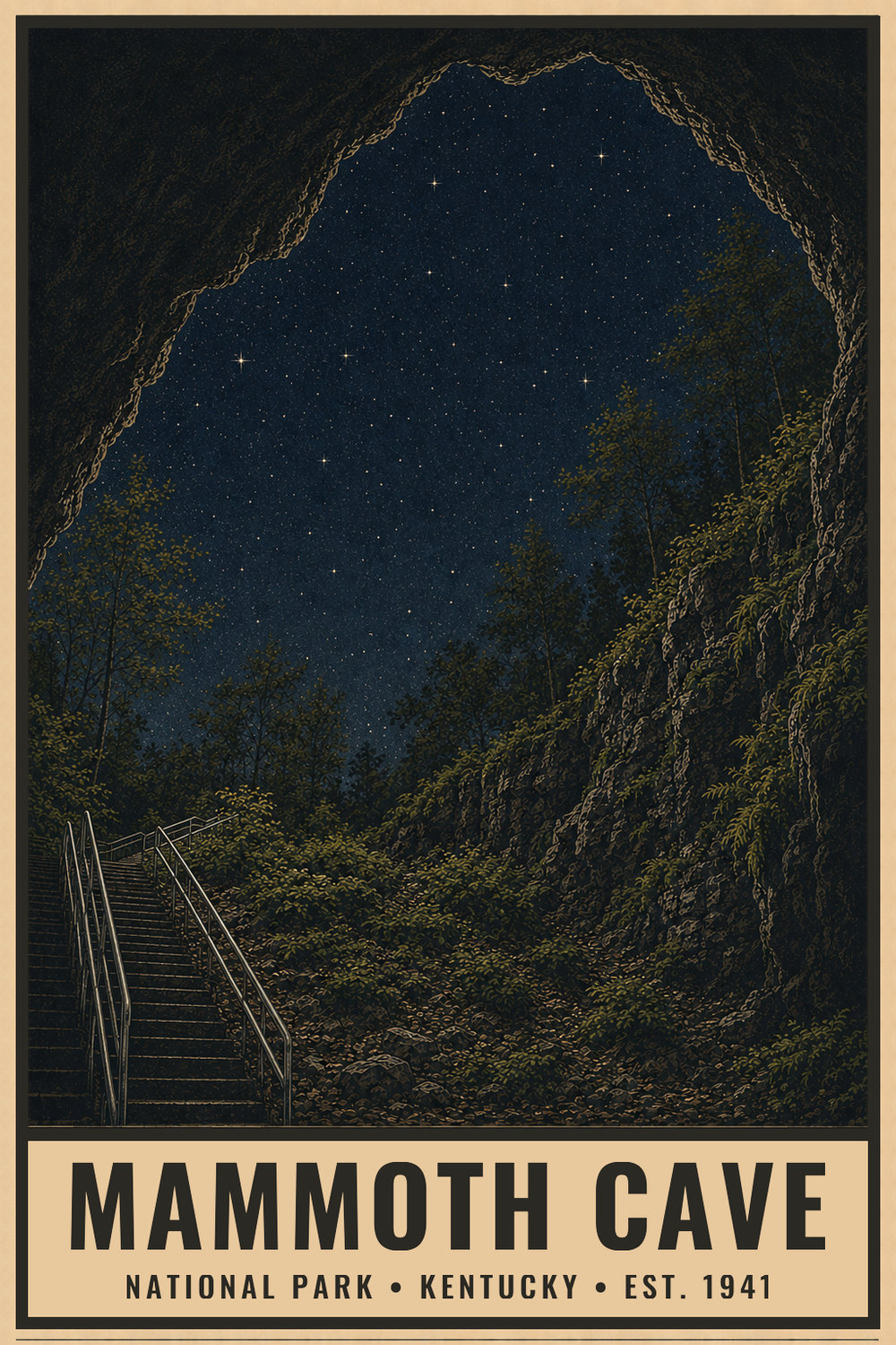 Dark Sky Mammoth Cave National Park Poster — vintage flat-ink style print of Mammoth Cave, Kentucky