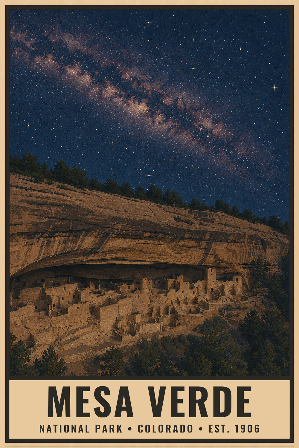 Dark Sky Mesa Verde National Park Poster — vintage flat-ink style print of Mesa Verde, Colorado