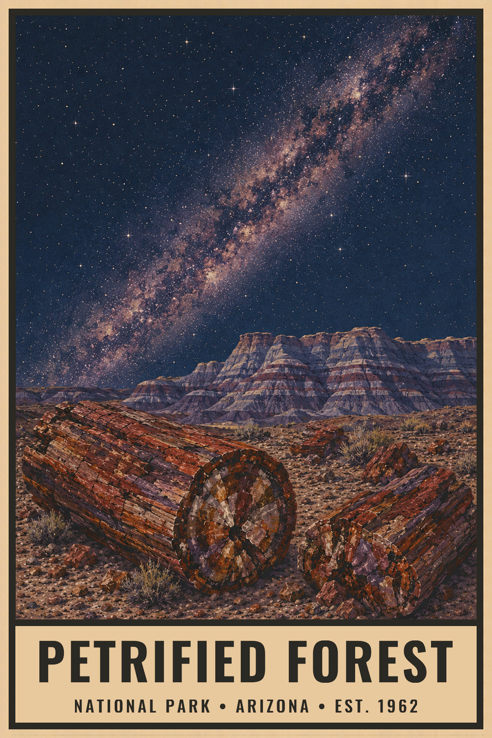 Dark Sky Petrified Forest National Park Poster — vintage flat-ink style print of Petrified Forest, Arizona
