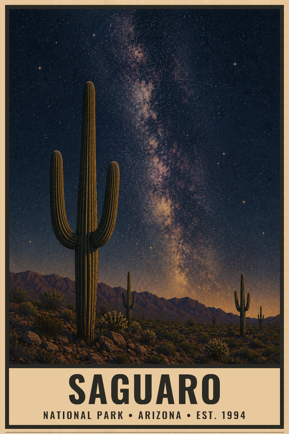 Dark Sky Saguaro National Park Poster — vintage flat-ink style print of Saguaro, Arizona