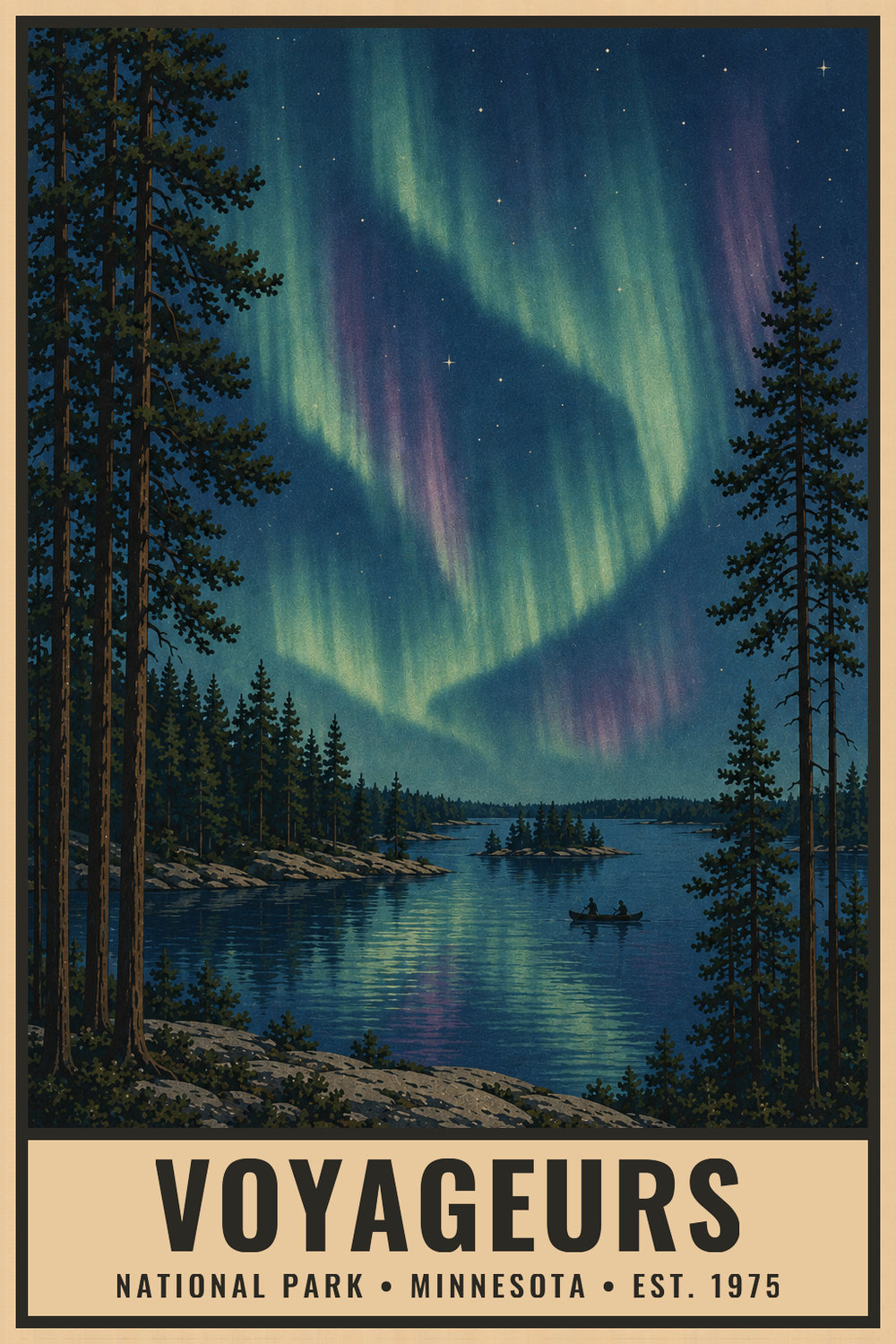 Dark Sky Voyageurs National Park Poster — vintage flat-ink style print of Voyageurs, Minnesota