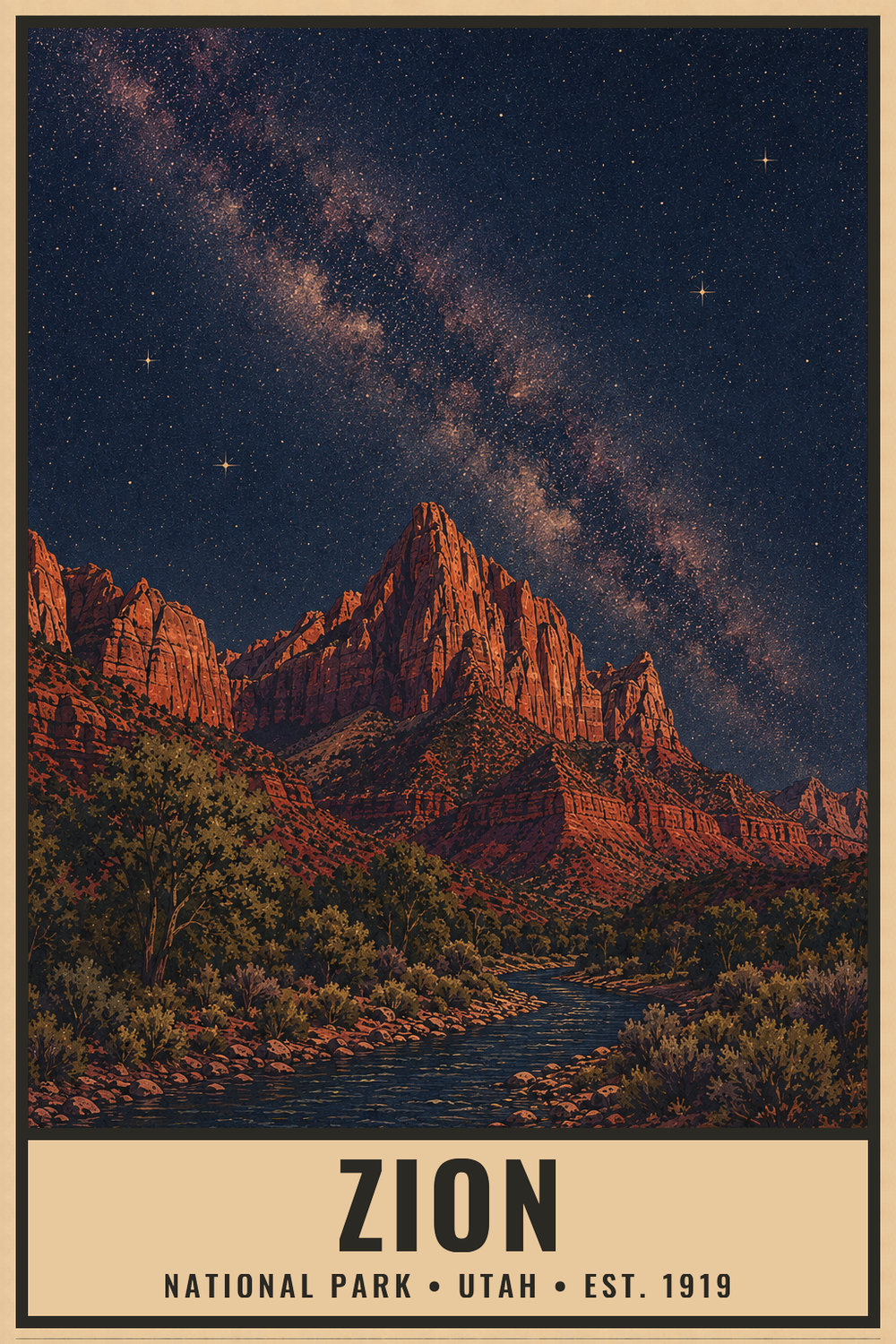 Dark Sky Zion National Park Poster — vintage flat-ink style print of Zion, Utah