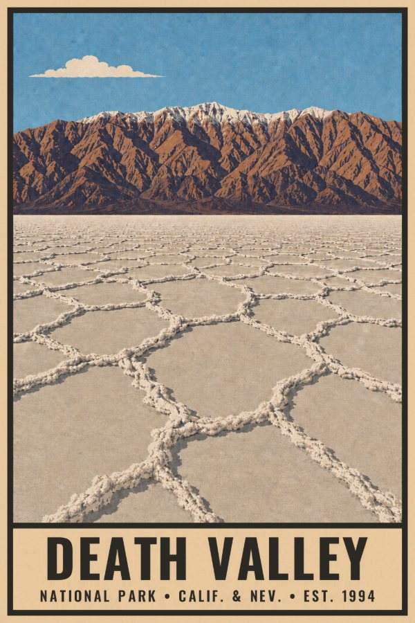 Death Valley National Park Poster — vintage flat-ink style travel print of Death Valley, Calif. & Nev.