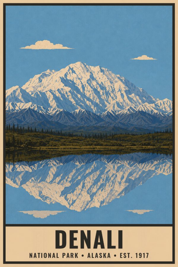 Denali National Park Poster — vintage flat-ink style travel print of Denali, Alaska