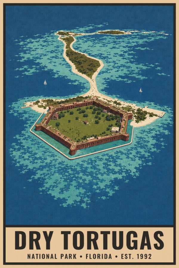 Dry Tortugas National Park Poster — vintage flat-ink style travel print of Dry Tortugas, Florida