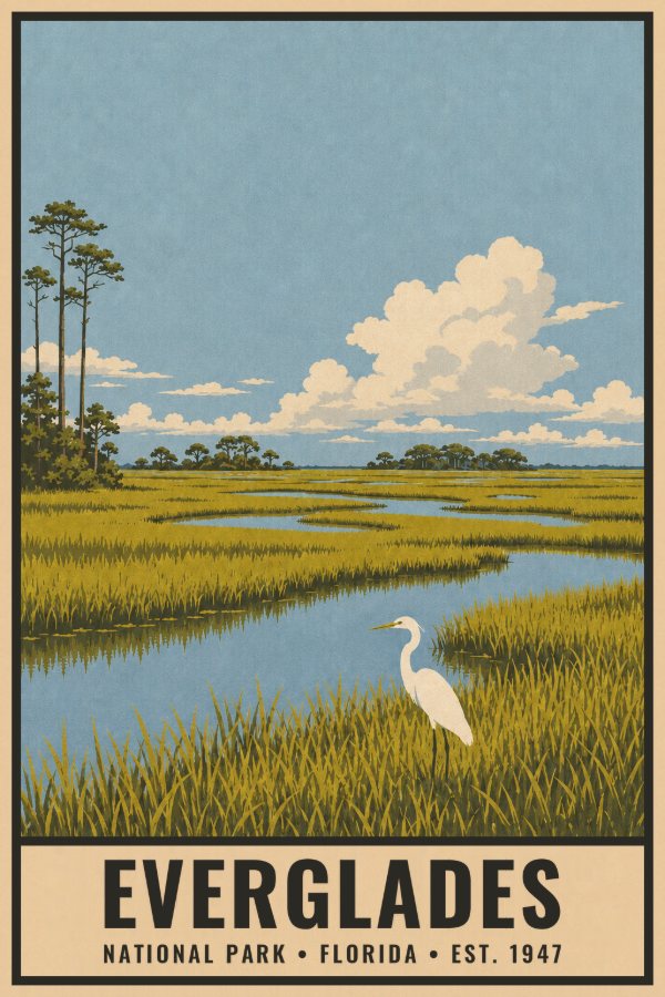 Everglades National Park Poster — vintage flat-ink style travel print of Everglades, Florida