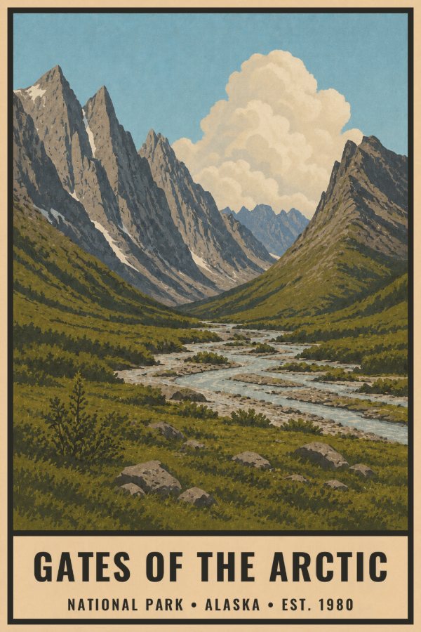 Gates of the Arctic National Park Poster — vintage flat-ink style travel print of Gates of the Arctic, Alaska