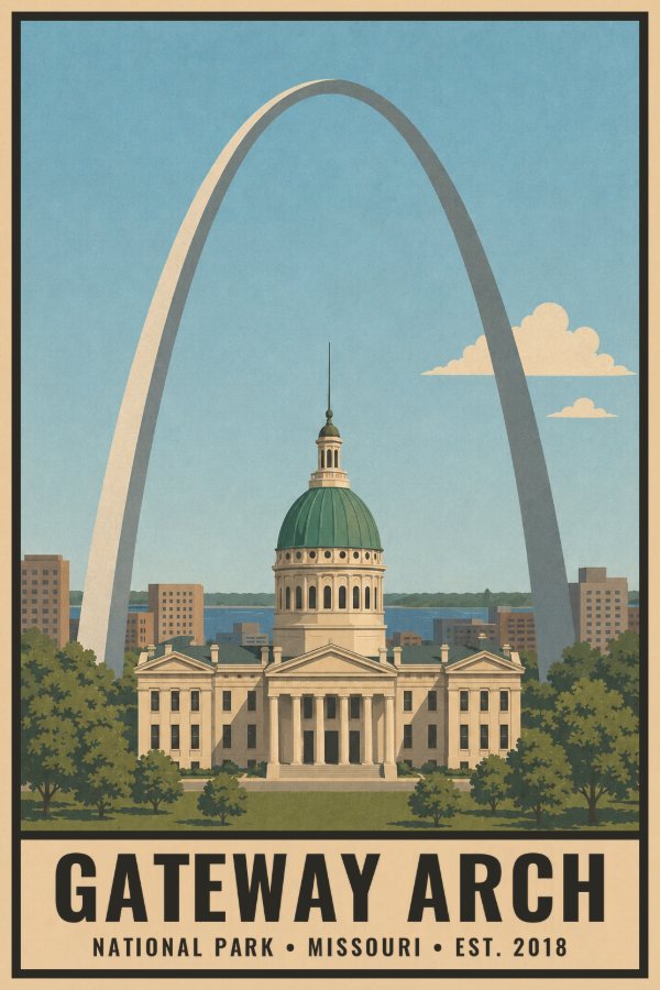 Gateway Arch National Park Poster — vintage flat-ink style travel print of Gateway Arch, Missouri