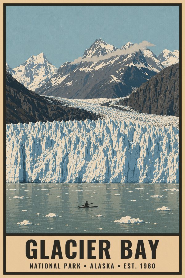 Glacier Bay National Park Poster — vintage flat-ink style travel print of Glacier Bay, Alaska