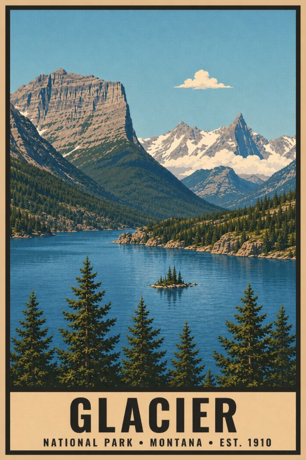 Glacier National Park Poster — vintage flat-ink style travel print of Glacier, Montana