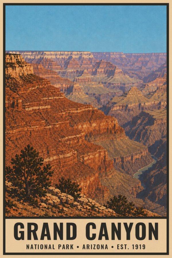 Grand Canyon National Park Poster — vintage flat-ink style travel print of Grand Canyon, Arizona