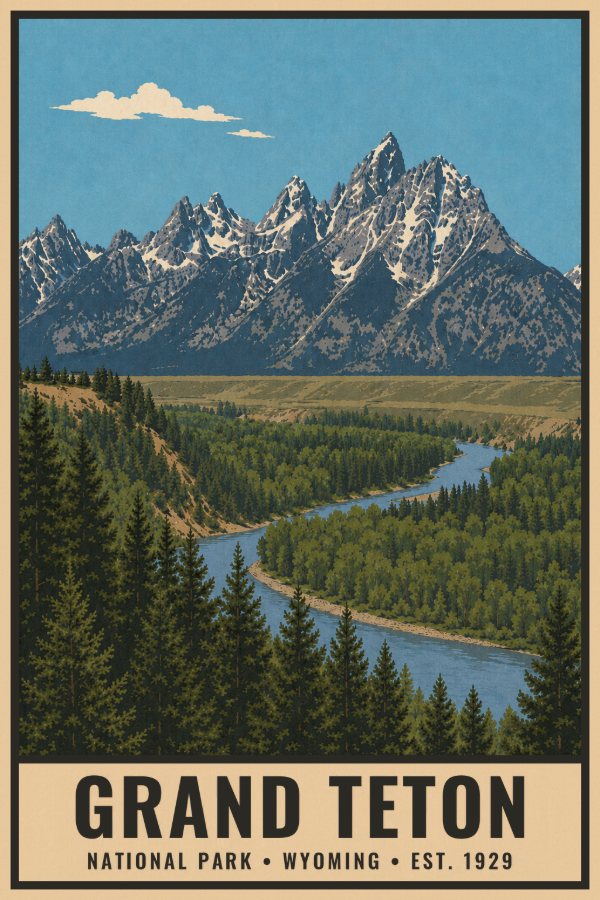 Grand Teton National Park Poster — vintage flat-ink style travel print of Grand Teton, Wyoming