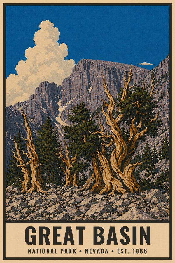 Great Basin National Park Poster — vintage flat-ink style travel print of Great Basin, Nevada