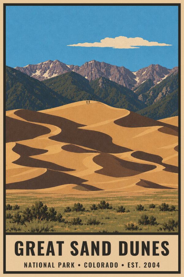 Great Sand Dunes National Park Poster — vintage flat-ink style travel print of Great Sand Dunes, Colorado