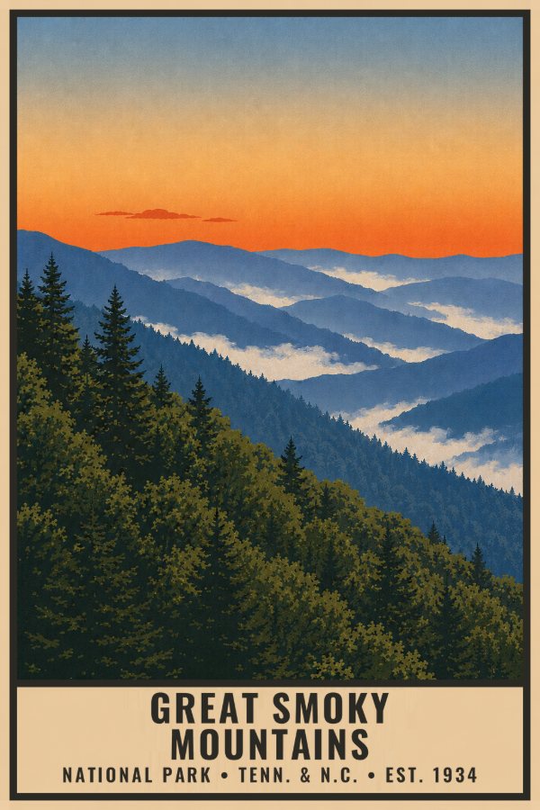 Great Smoky Mountains National Park Poster — vintage flat-ink style travel print of Great Smoky Mountains, Tenn. & N.C.