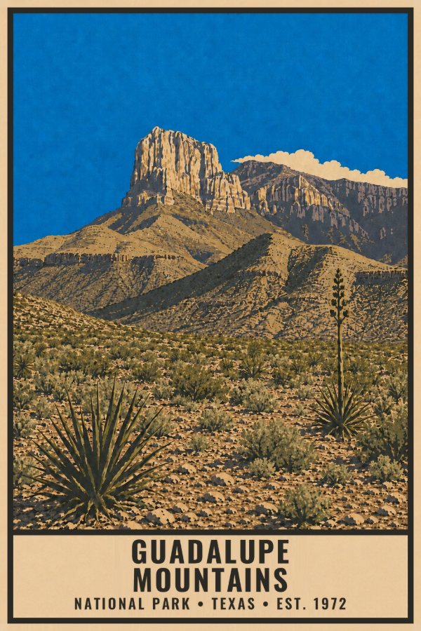 Guadalupe Mountains National Park Poster — vintage flat-ink style travel print of Guadalupe Mountains, Texas