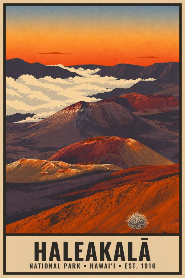 Haleakalā National Park Poster — vintage flat-ink style travel print of Haleakalā, Hawaiʻi