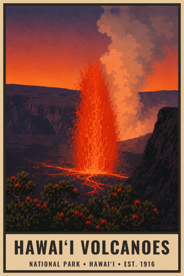 Hawaiʻi Volcanoes National Park Poster — vintage flat-ink style travel print of Hawaiʻi Volcanoes, Hawaiʻi