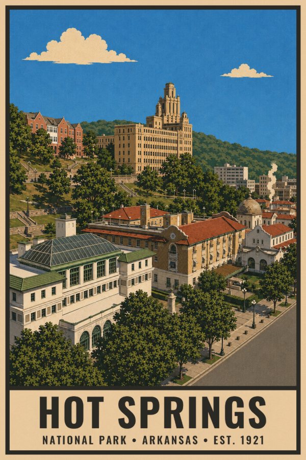 Hot Springs National Park Poster — vintage flat-ink style travel print of Hot Springs, Arkansas