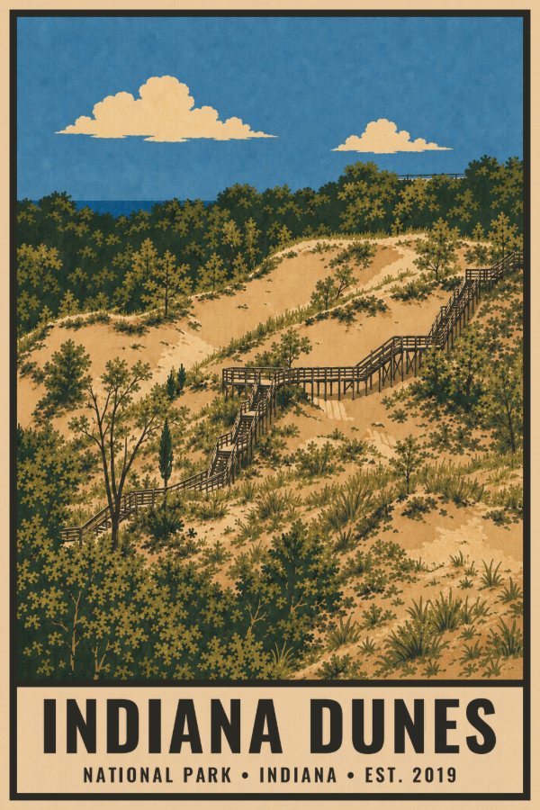 Indiana Dunes National Park Poster — vintage flat-ink style travel print of Indiana Dunes, Indiana