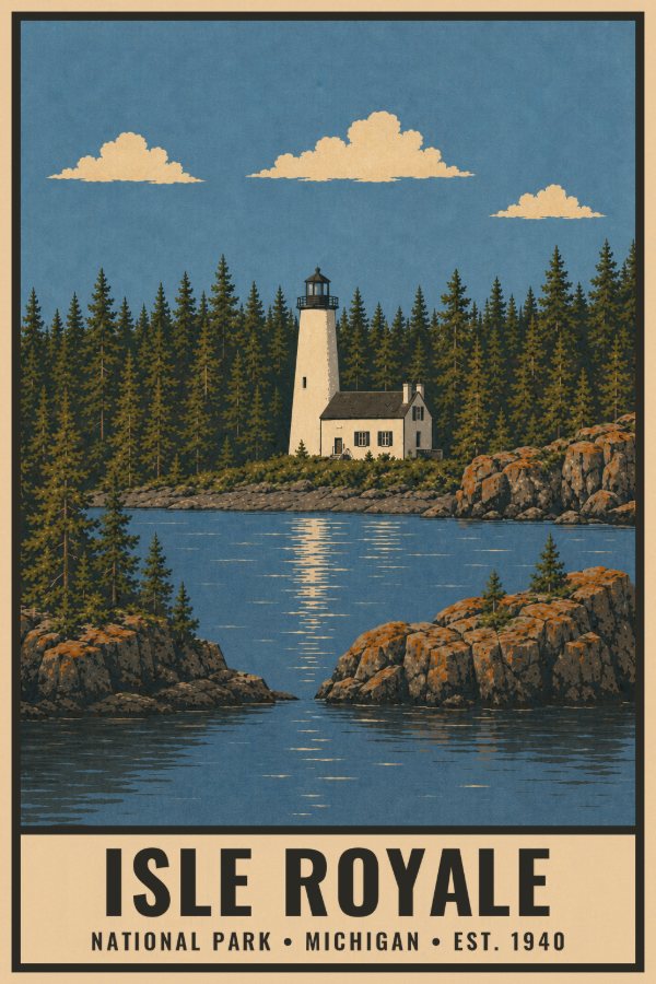 Isle Royale National Park Poster — vintage flat-ink style travel print of Isle Royale, Michigan