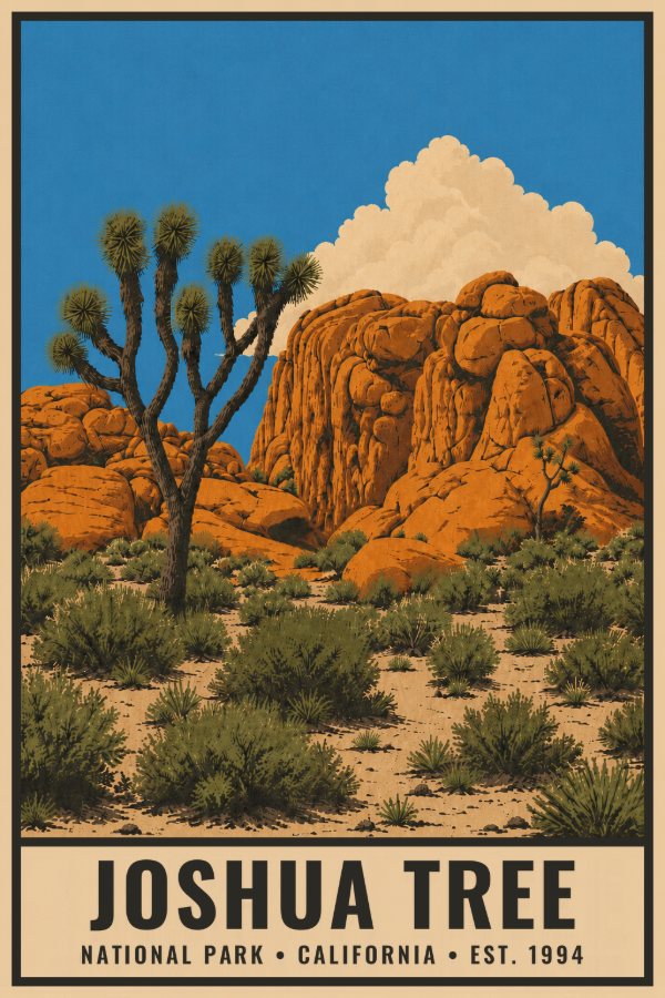 Joshua Tree National Park Poster — vintage flat-ink style travel print of Joshua Tree, California